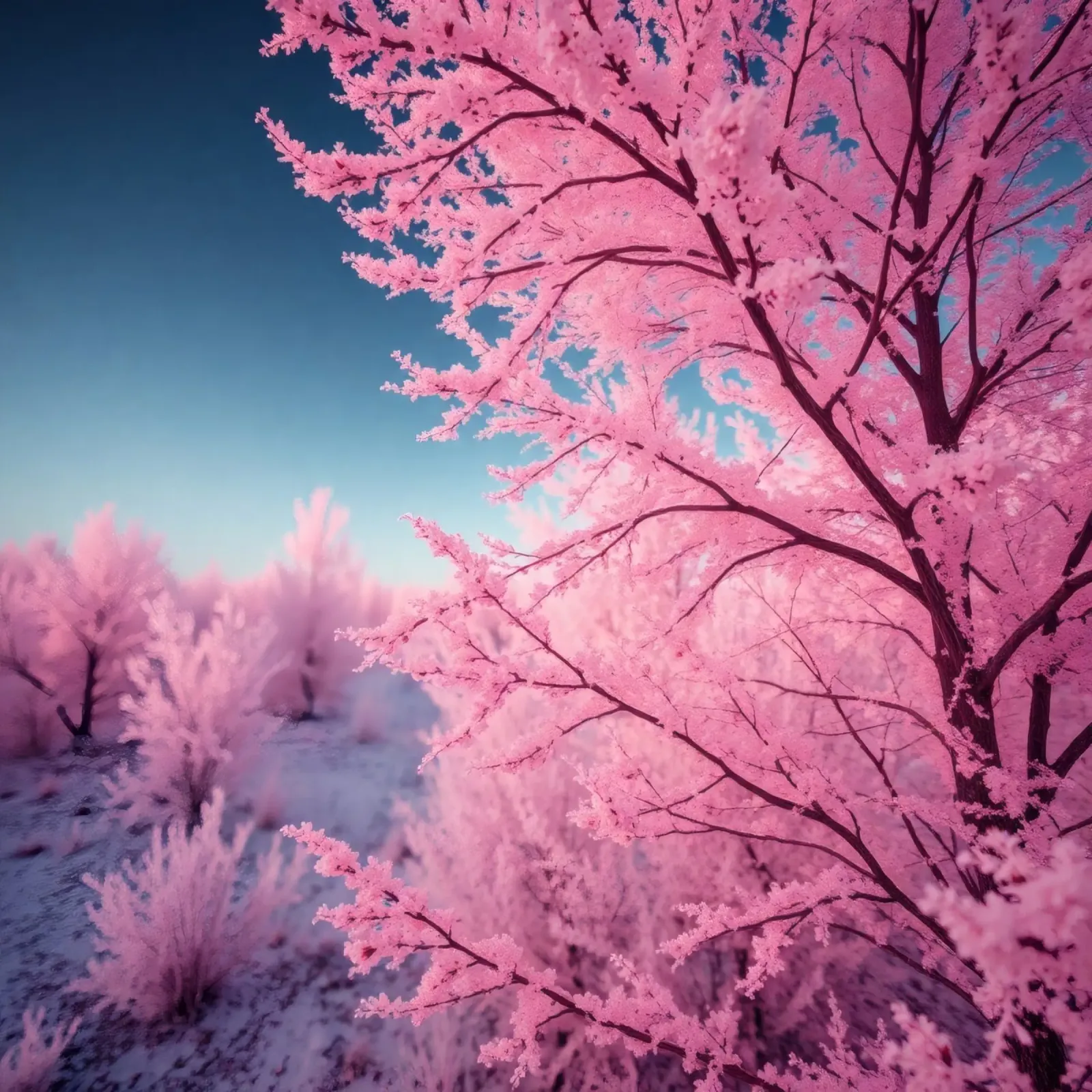 Beautiful pink trees in an ethereal landscape at sunset with canvas with Floater frame by DesignDoodle