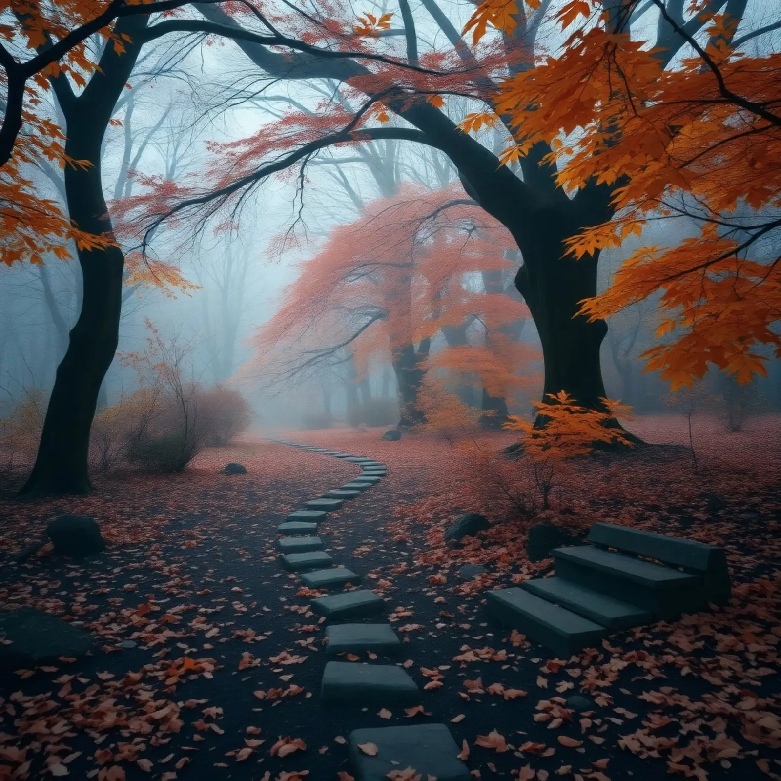 Sentier d'automne serein serpentant à travers une forêt brumeuse hahnemühle de DesignDoodle
