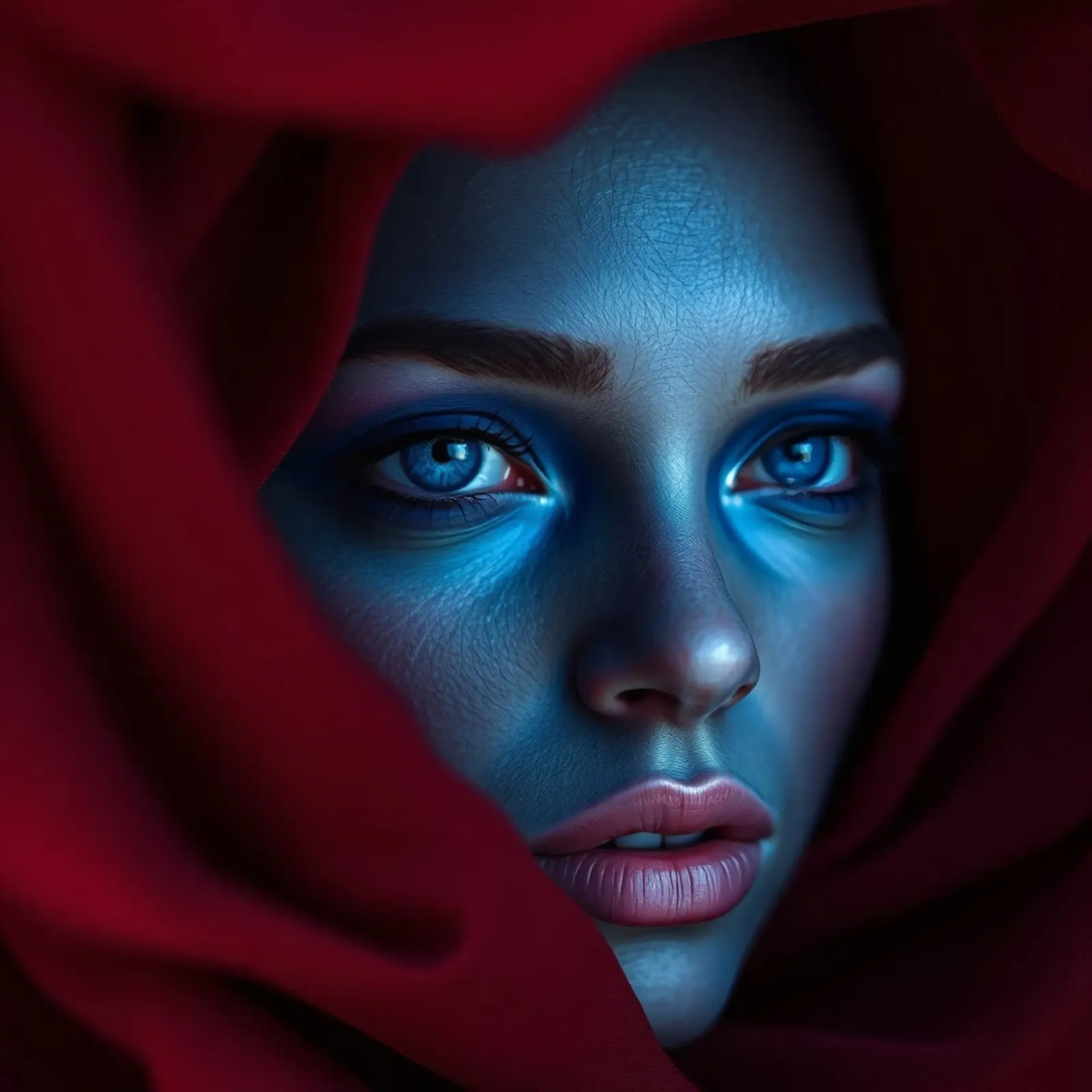 Donna enigmatica, con trucco blu e drappeggio cremisi, di grande effetto alluminio dibond da DesignDoodle