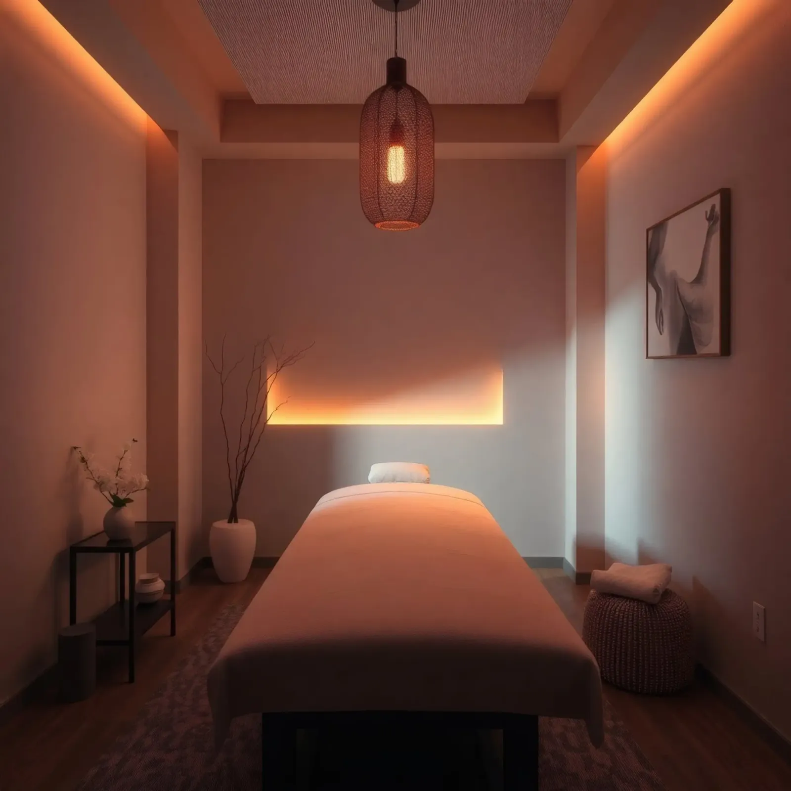Beruhigender Spa-Behandlungsraum mit sanfter Beleuchtung und minimalistischem Leinwand von DesignDoodle