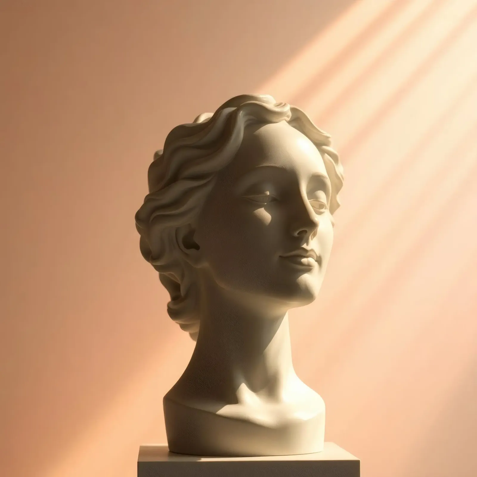 Scultura in marmo bianco di una testa di donna illuminata da una luce soffusa. pellicola backlit da DesignDoodle
