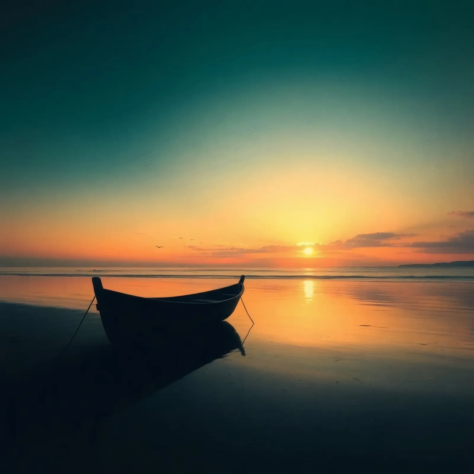 Silhouet boot rustend op kalm water bij zonsondergang met vibran canvas van DesignDoodle