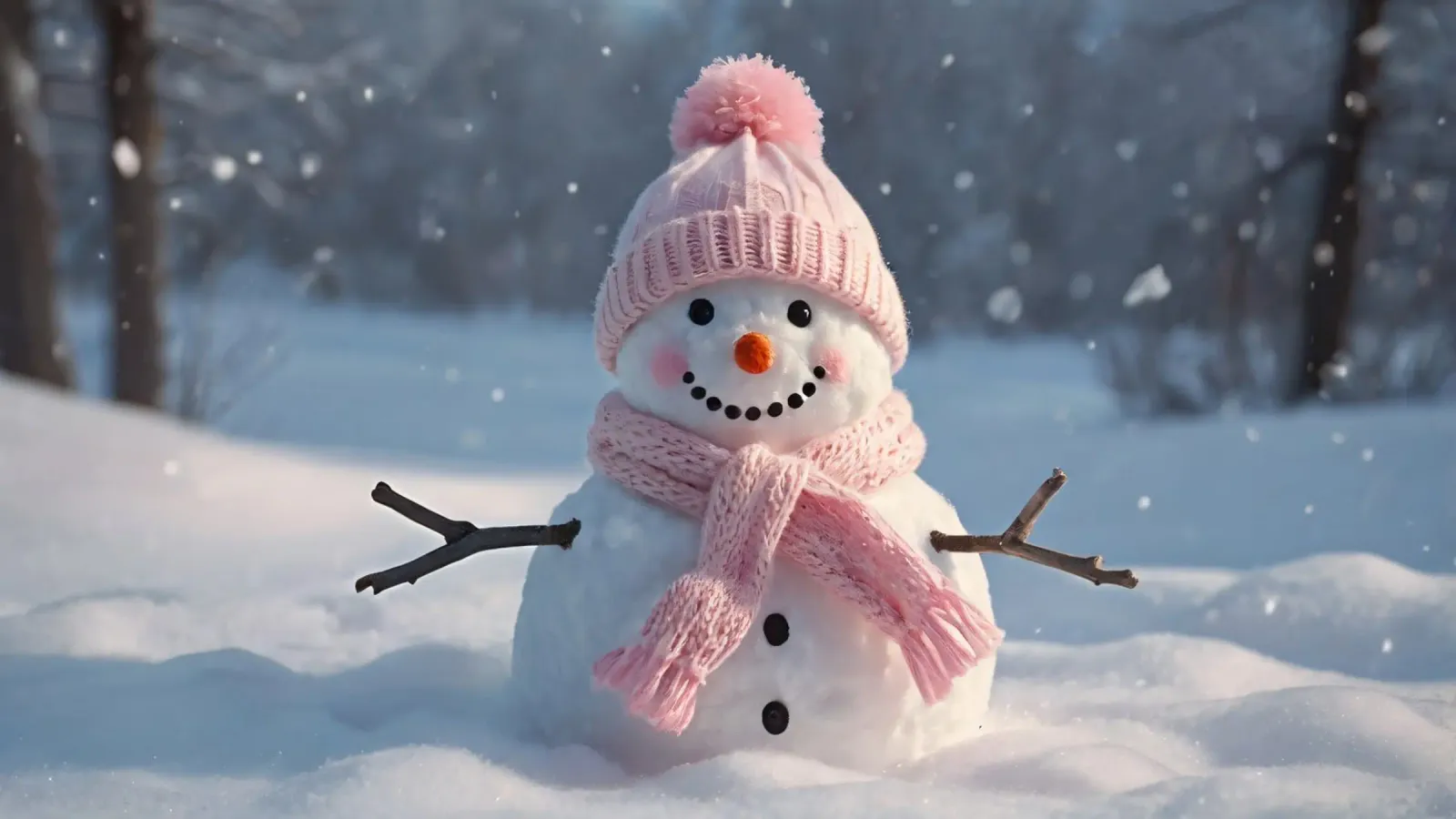 Pupazzo di neve con cappello e sciarpa rosa in piedi in un paesaggio invernale pellicola backlit da DesignDoodle
