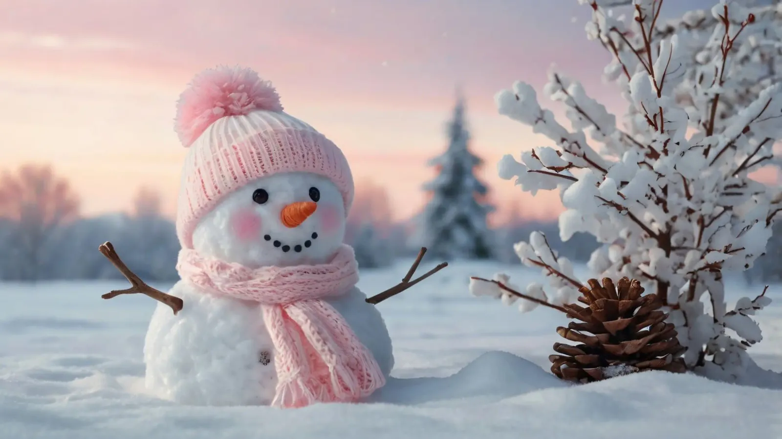 Pupazzo di neve con accessori rosa sorride in un paesaggio invernale pellicola backlit da DesignDoodle