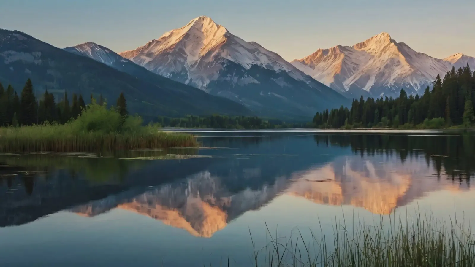 Riflessi di montagne maestose al crepuscolo su un lago pellicola backlit da DesignDoodle