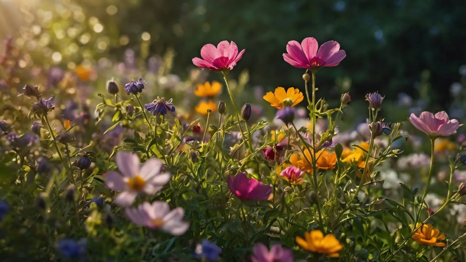 Fiori di campo colorati in un giardino illuminato dal sole in tarda primavera pellicola backlit da DesignDoodle