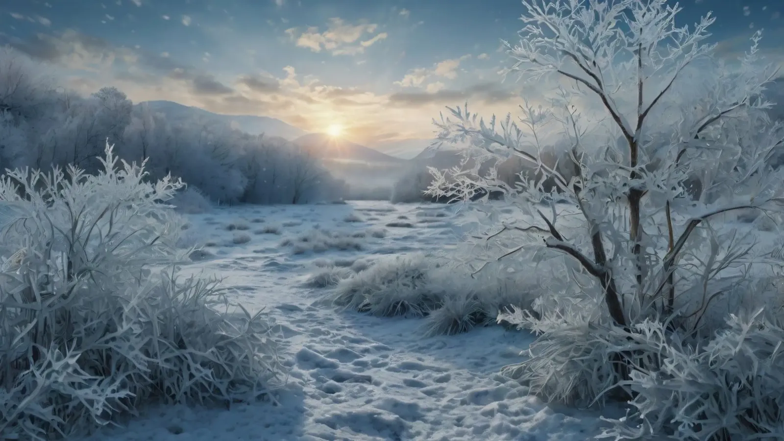 Die Wintersonne geht über einer frostigen, von Bäumen umgebenen Wiese auf Hahnemühle von DesignDoodle