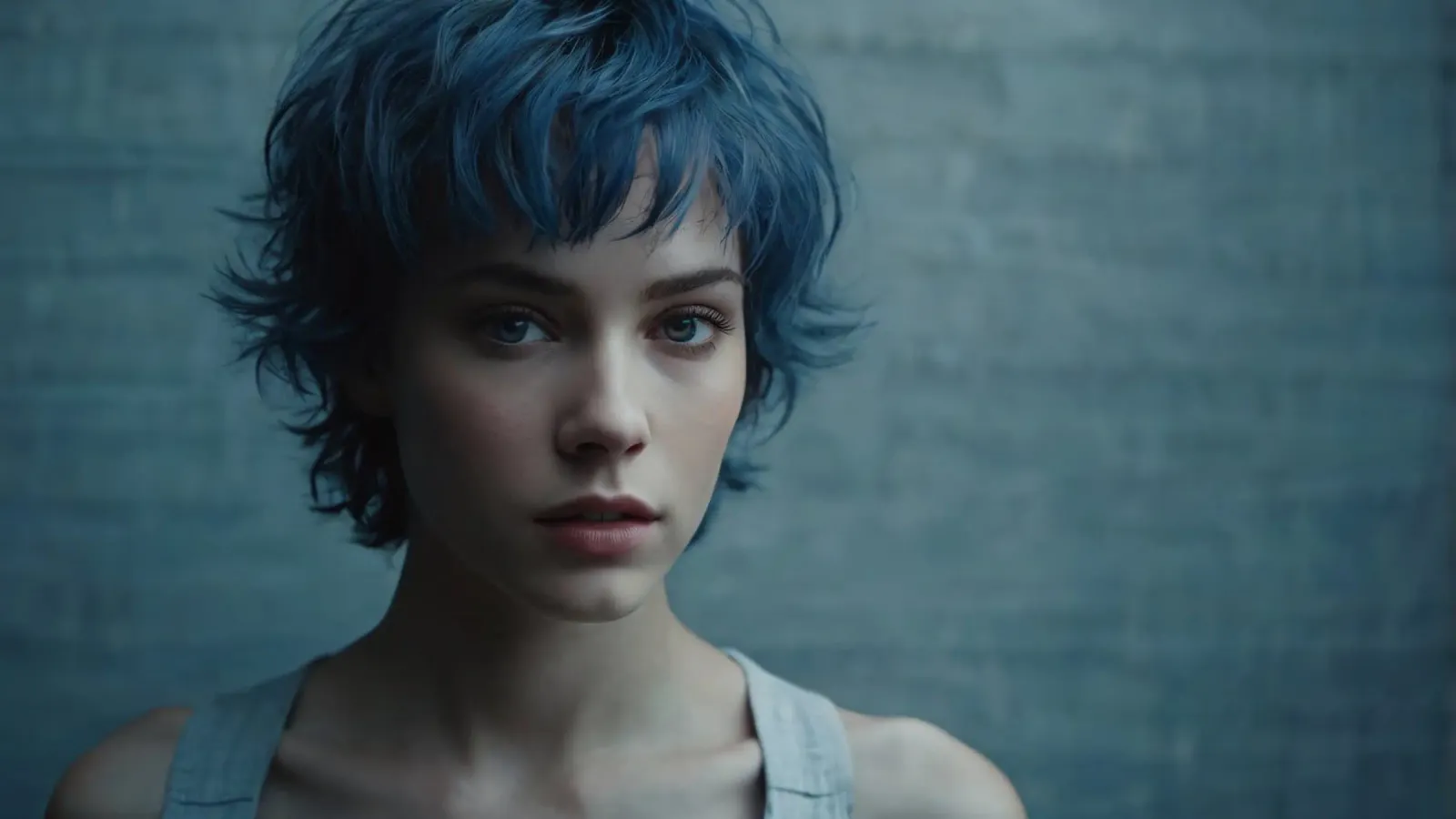 Giovane con i capelli blu che indossa una canottiera grigia poster da DesignDoodle