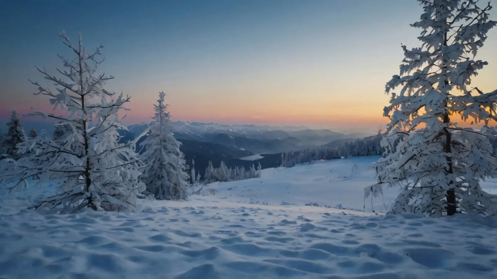 Paesaggio invernale alba alberi coperti di neve e montagna pellicola backlit da DesignDoodle