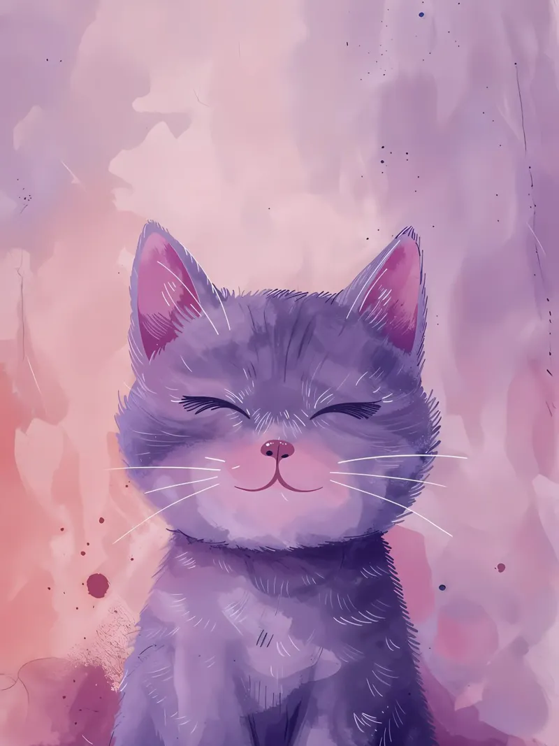 Gatto viola sorridente_ Capriccio acquerellato poster con telaio in alluminio da Manh beo