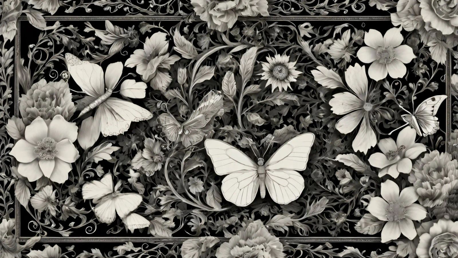Diseño intrincado con mariposas y flores monocromáticas metacrilato de DesignDoodle