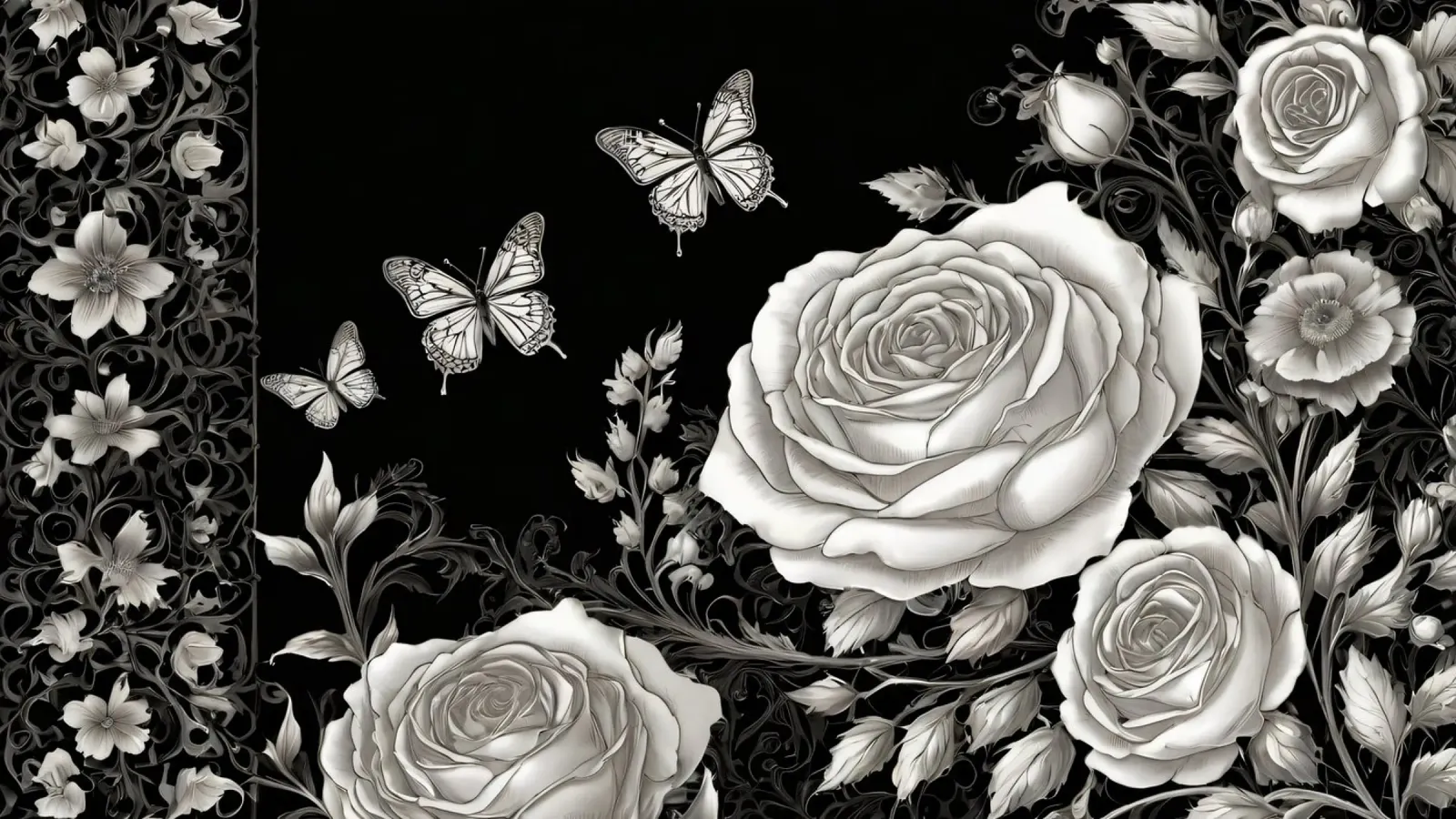 Design artistico in bianco e nero con rose e farfalle pellicola backlit da DesignDoodle
