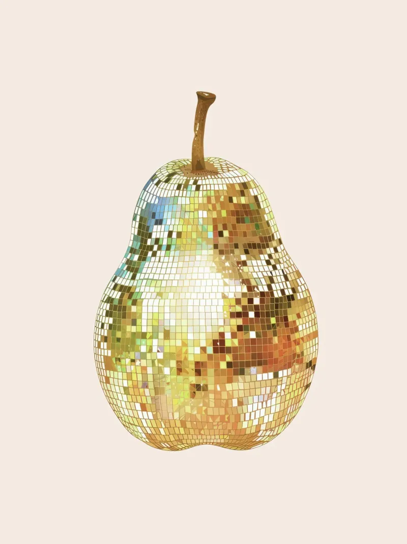 Pera, frutta Disco Ball Art poster con telaio in plastica da Peaches Art Prints