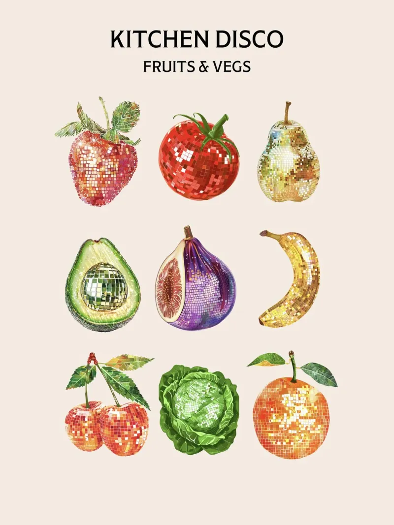 Disco da cucina, Disco Ball Frutta e verdura poster con telaio in alluminio da Peaches Art Prints