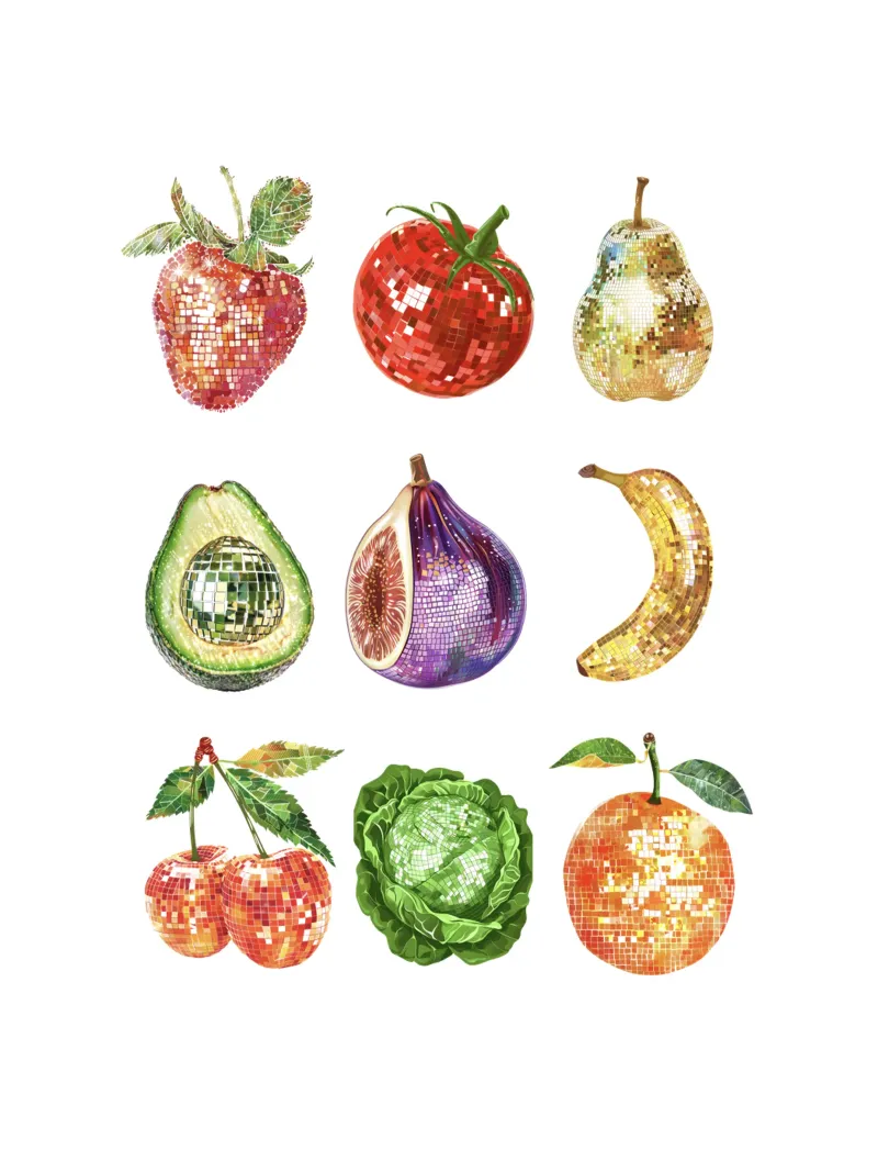 Disco da cucina, Disco Ball frutta e verdura in bianco poster da Peaches Art Prints