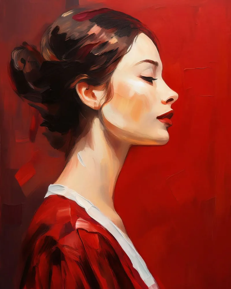 Portret Vrouw in rood zijaanzicht canvas van Take Your Art BV