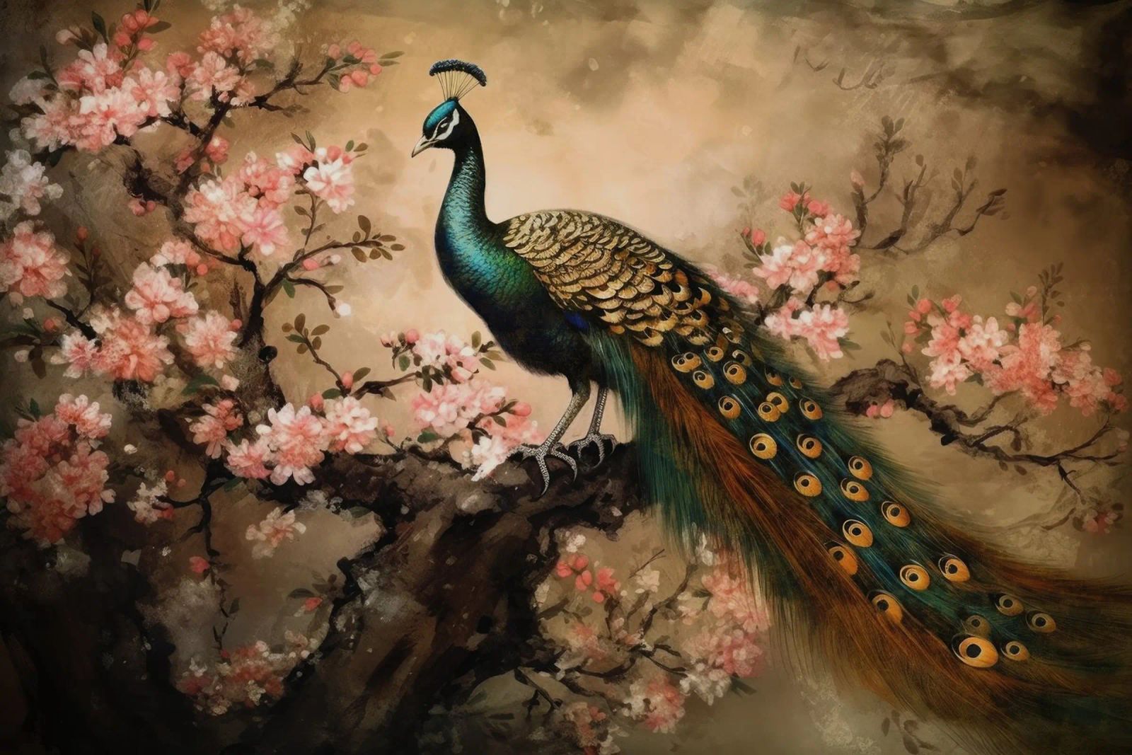 Royal Vintage Peacock And Cherry Blossoms poster by Vintage World - Uta Naumann