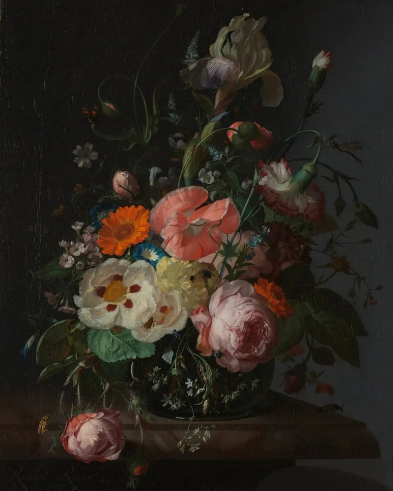 Rachel Ruysch - Natura morta con fiori su un piano di marmo pellicola backlit da Timeless Artworks