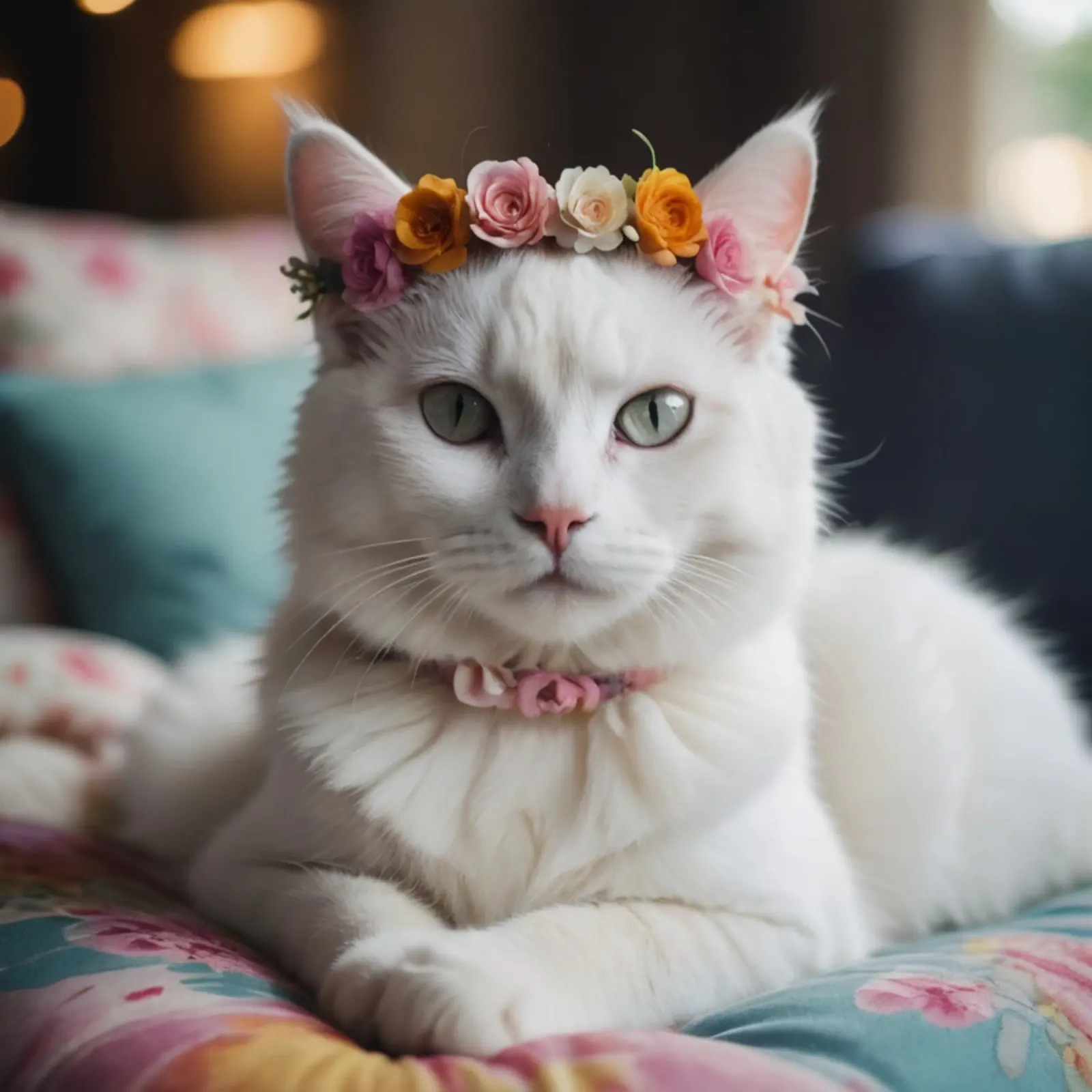 Gatto bianco con corona di fiori plexiglass da Léa Lefebvre Photography