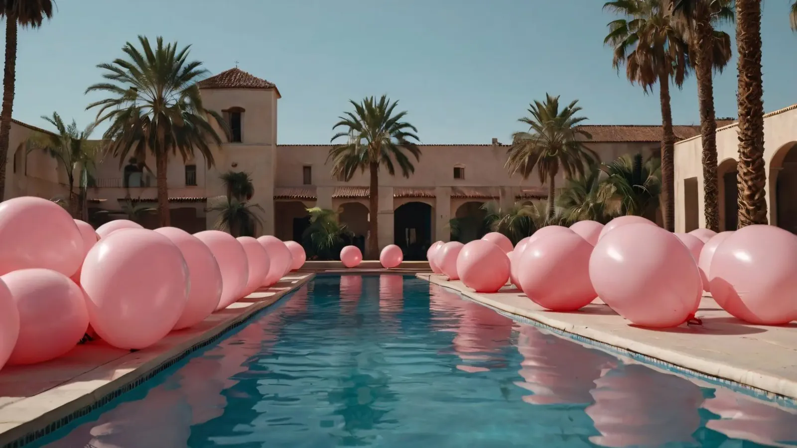 Una piscina serena adornada con globos rosas y palmeras poster de DesignDoodle