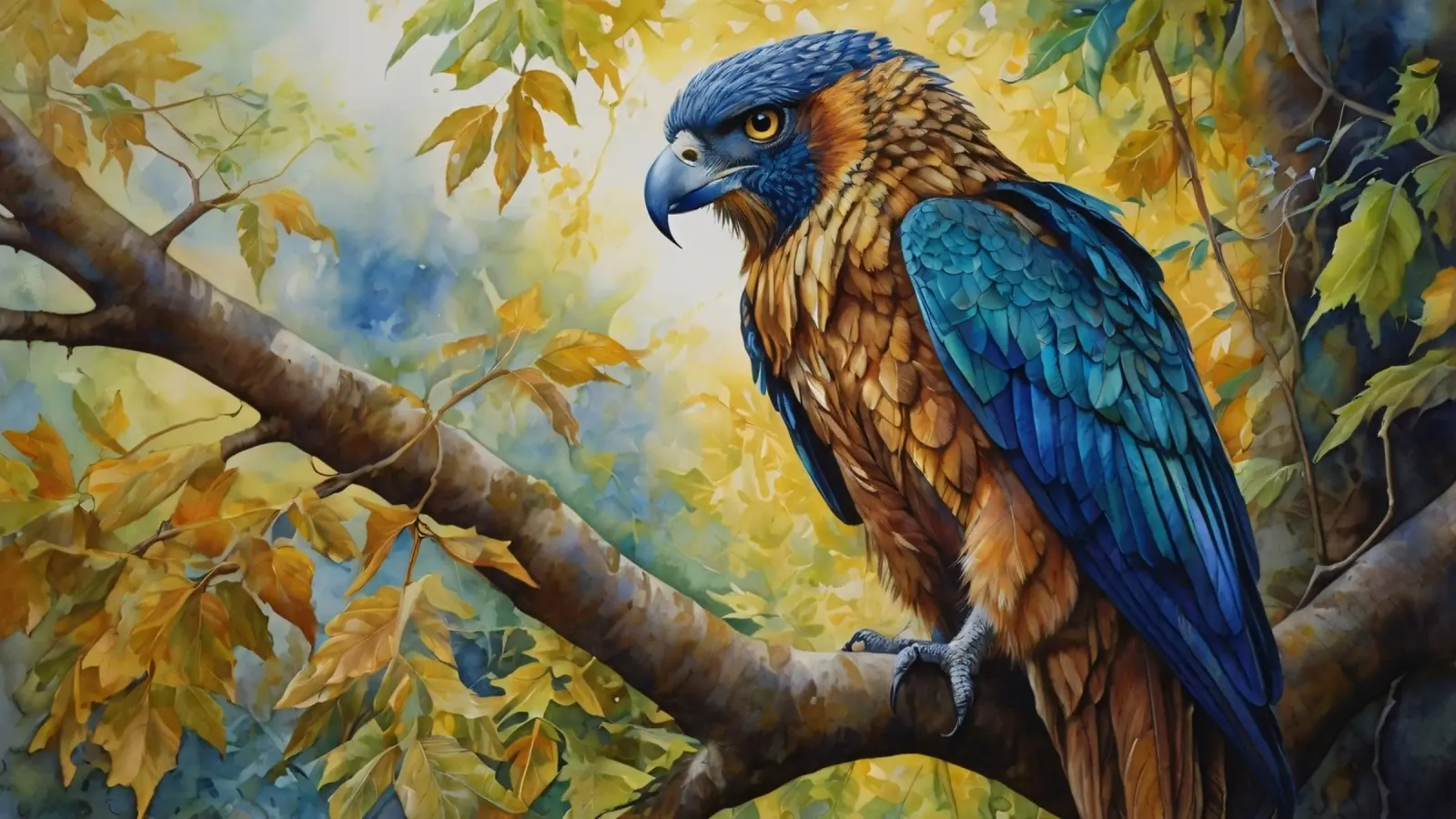 A colorful bird perched on a branch amidst autumn foliage canvas by DesignDoodle