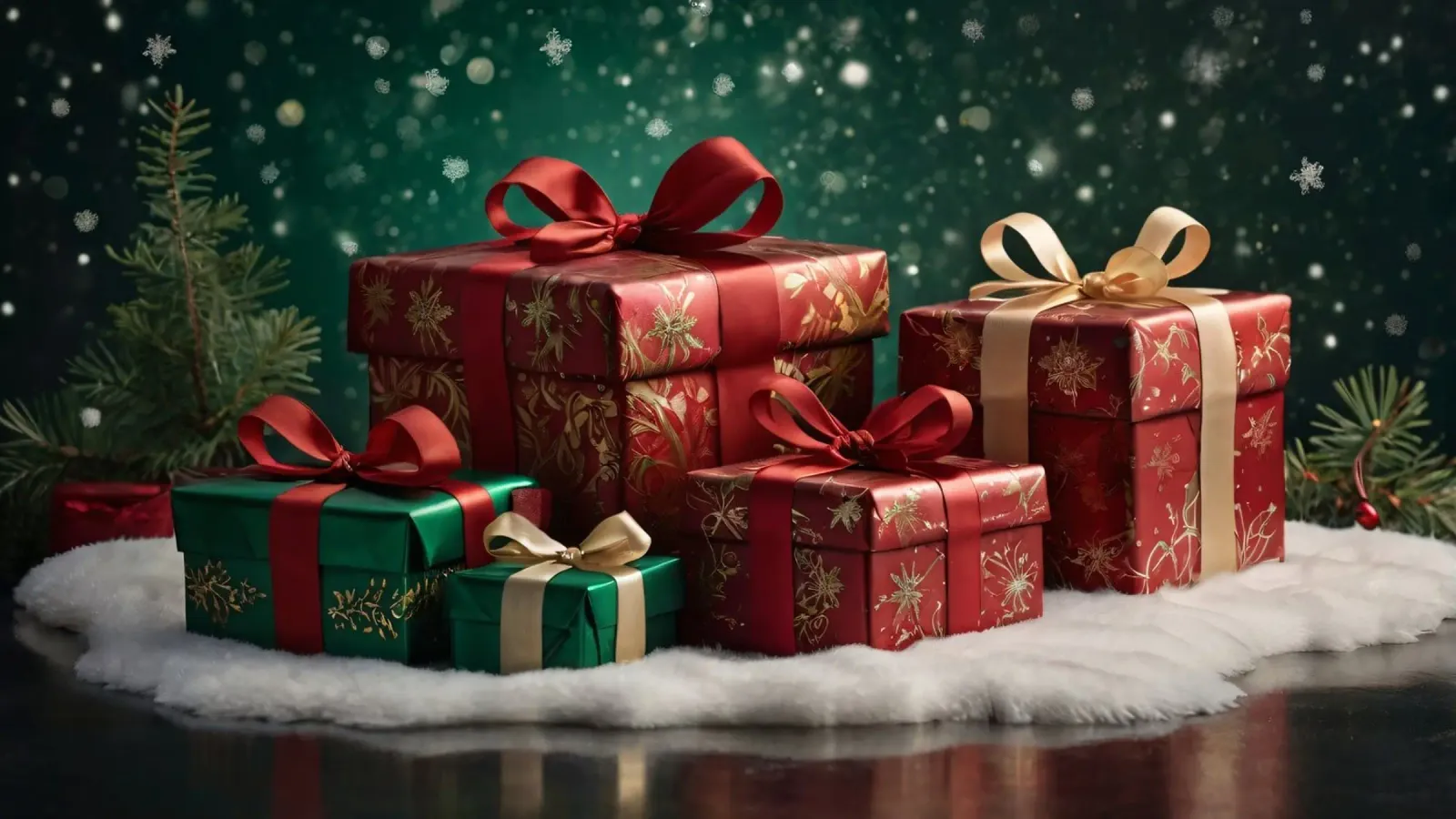 Regali di Natale colorati disposti su una superficie innevata pellicola backlit da DesignDoodle
