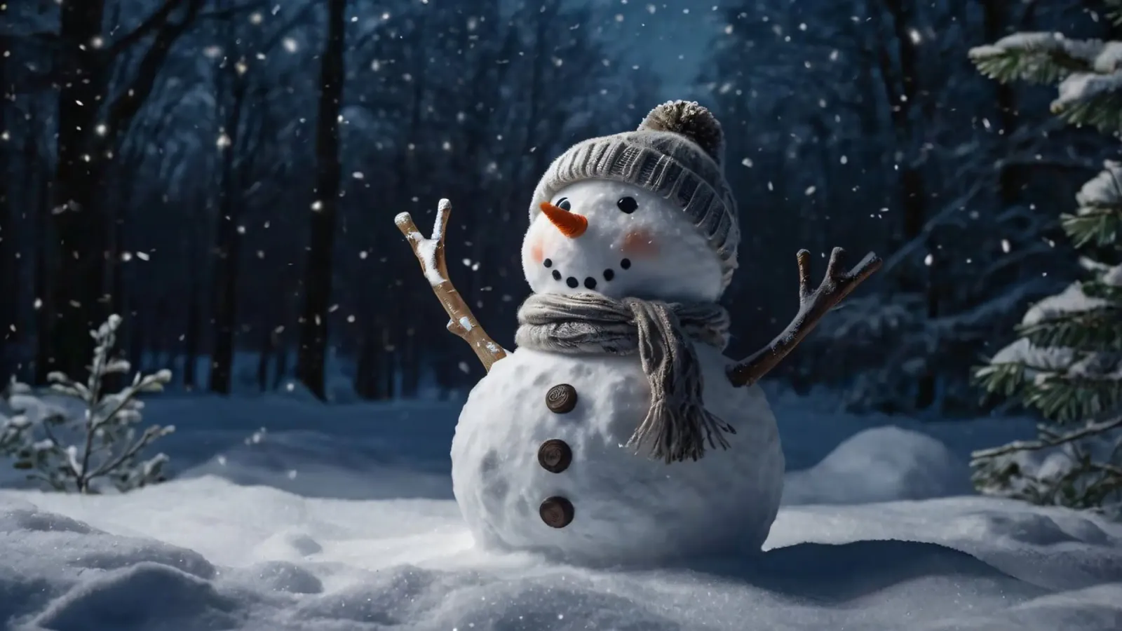 Un allegro pupazzo di neve con cappello e sciarpa a maglia è in piedi pellicola backlit da DesignDoodle
