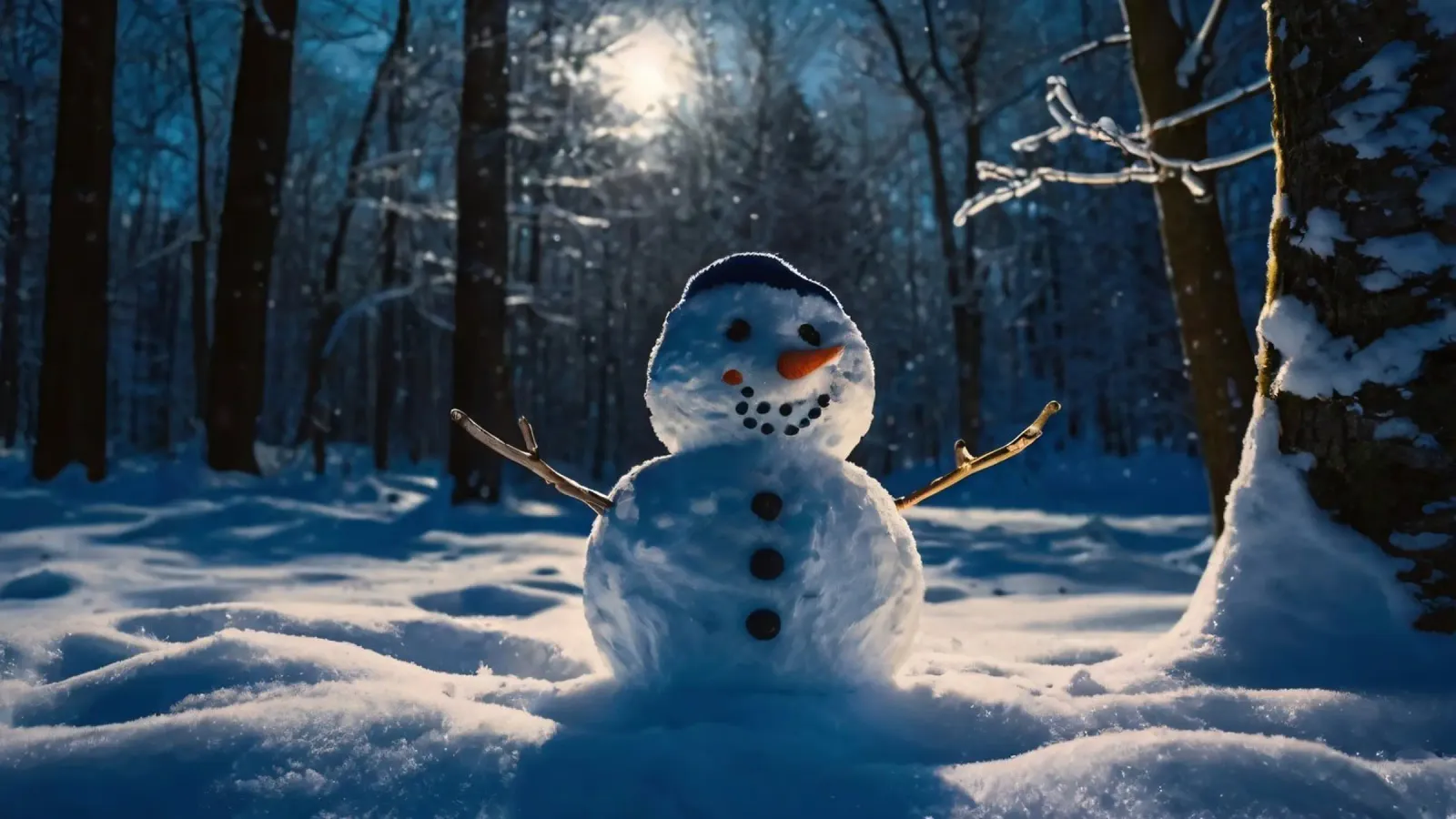 Un allegro pupazzo di neve si trova tra alti alberi in un paesaggio innevato. plexiglass da DesignDoodle