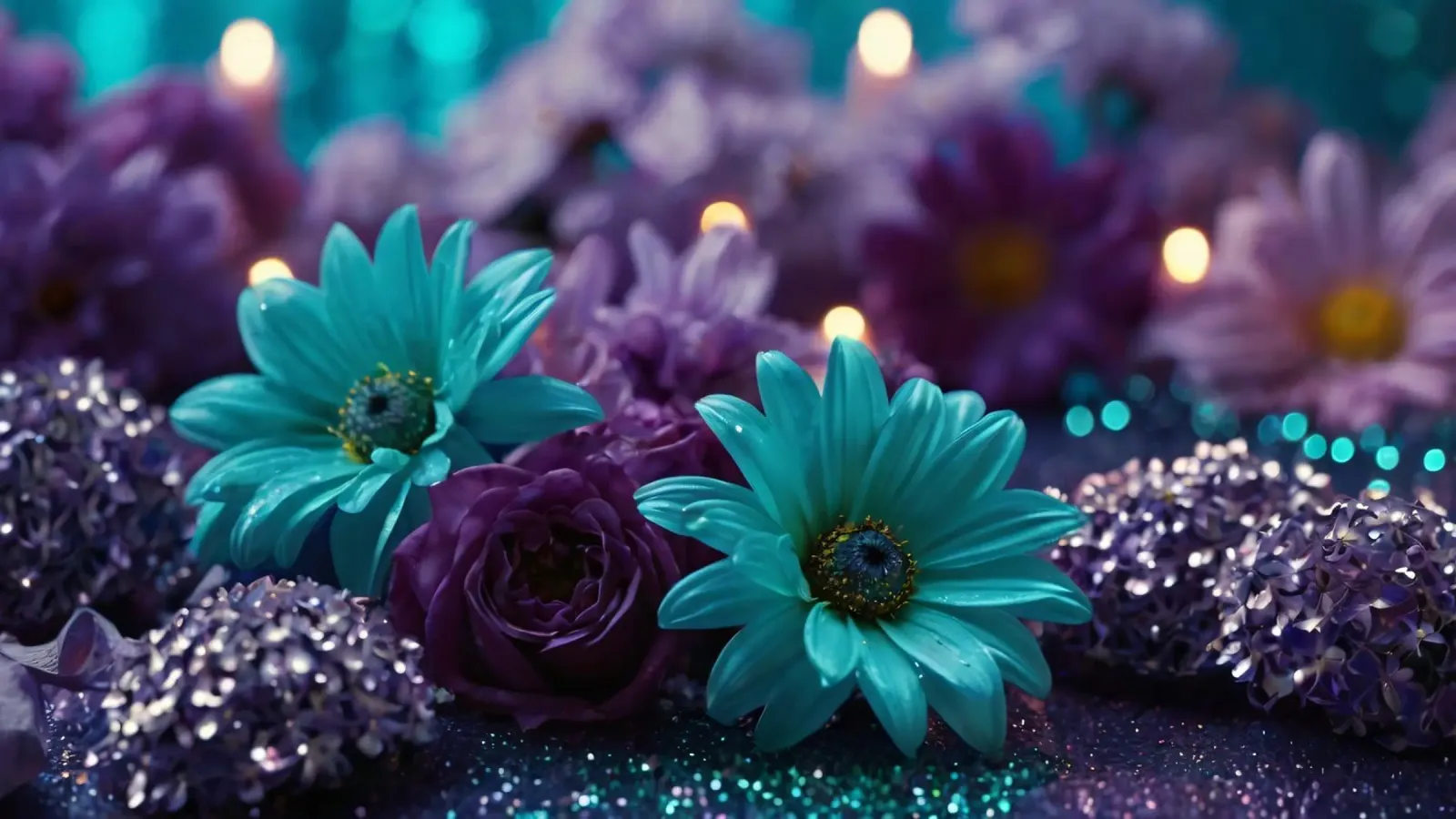 Composizione colorata di fiori verde acqua e viola con candele tela con Cornice a cassetta da DesignDoodle