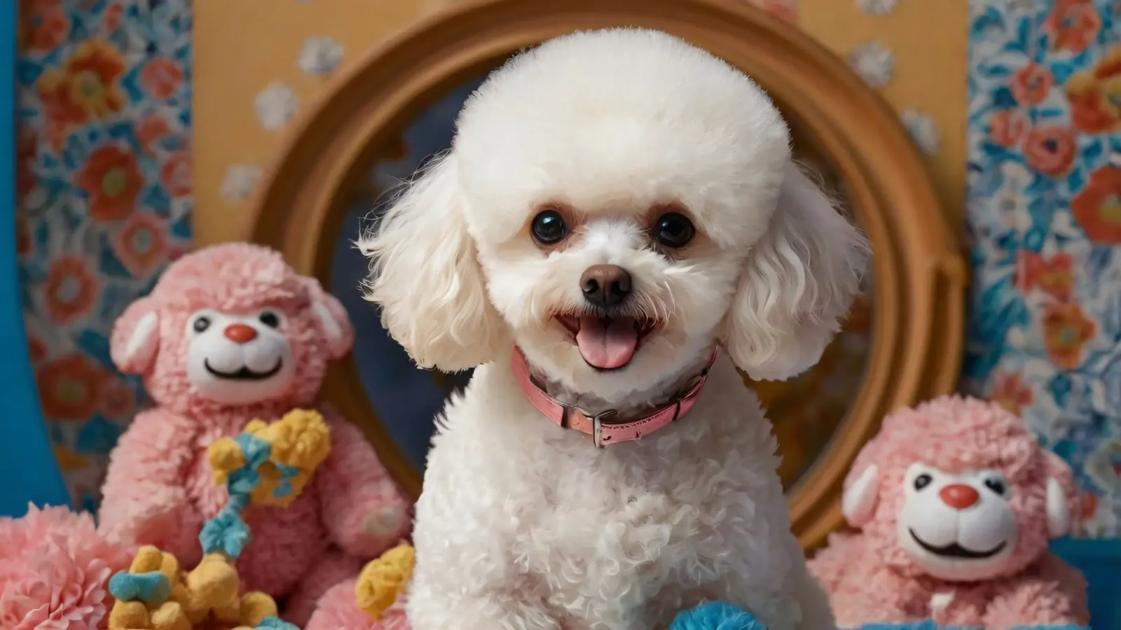 Un allegro barboncino bianco posa tra i giocattoli di peluche pellicola backlit da DesignDoodle