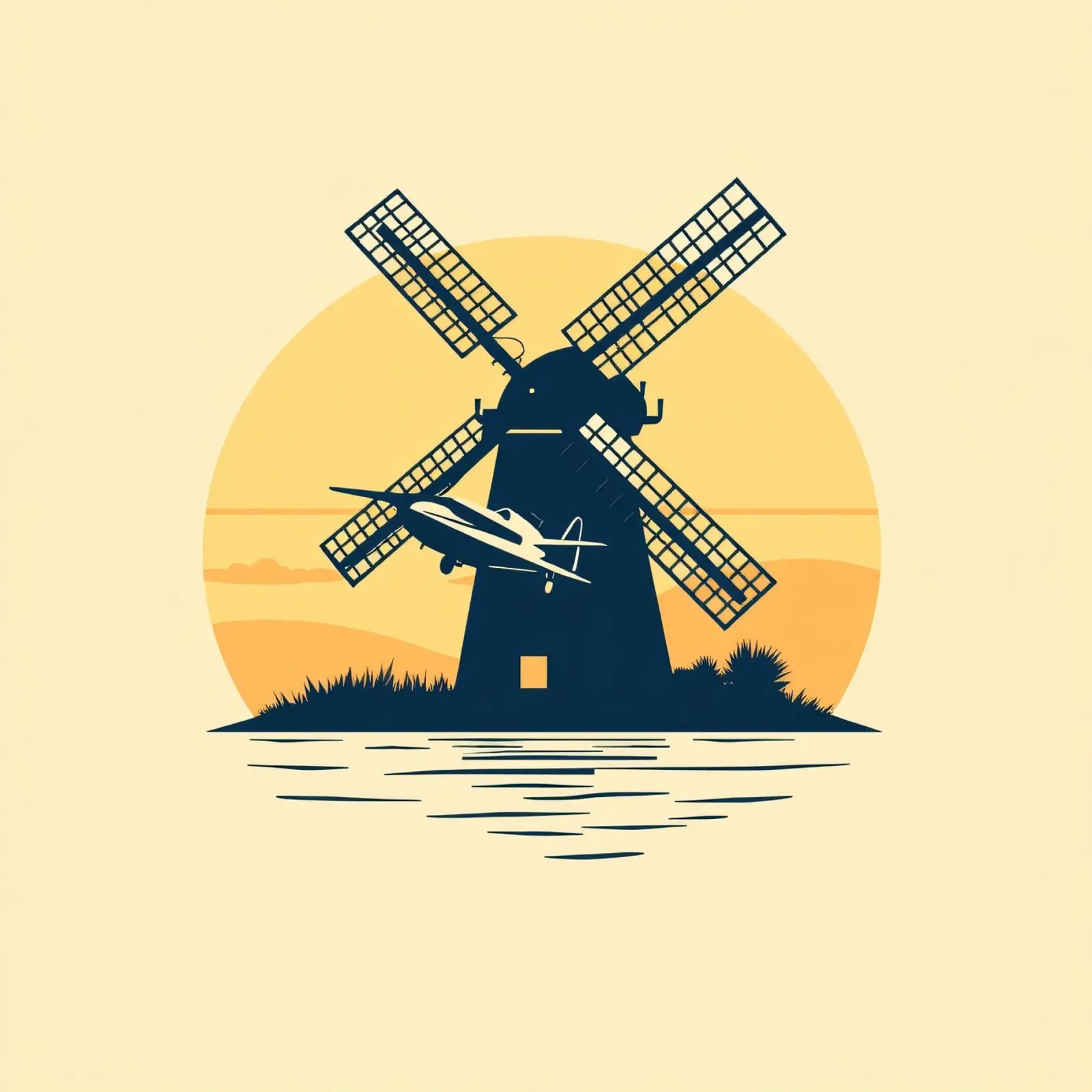 La silhouette di un mulino a vento al tramonto con un aereo in volo pellicola backlit da DesignDoodle
