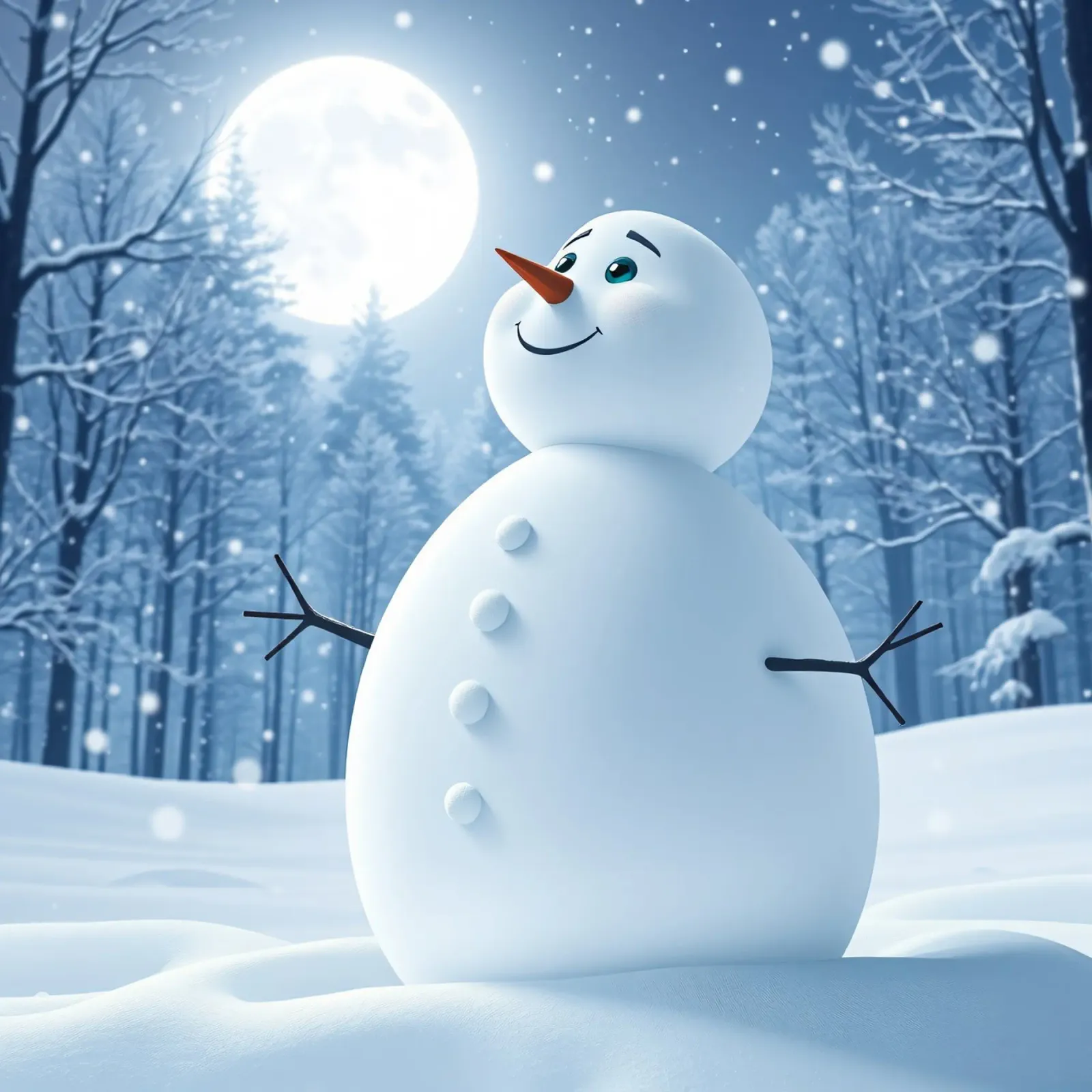 Un allegro pupazzo di neve si trova in un paesaggio innevato, notte luminosa pellicola backlit da DesignDoodle