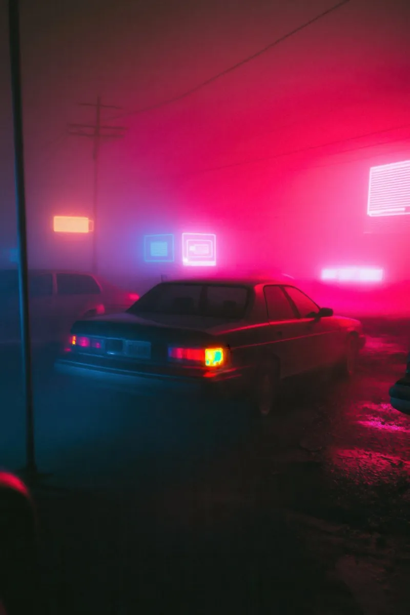 Fuga urbana sotto le luci al neon poster con telaio in alluminio da Le Flou
