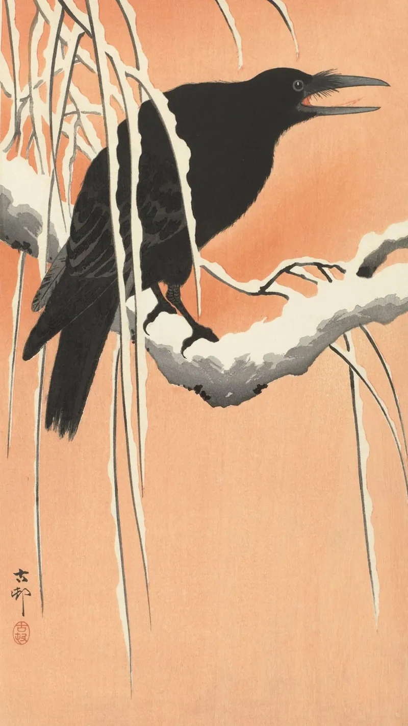 Ohara Koson - Corvo sul ramo di neve pellicola backlit da William Store