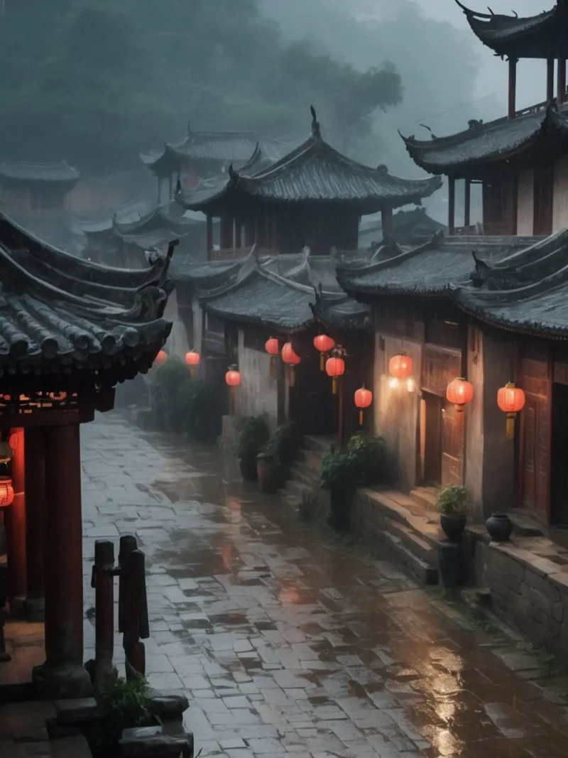 Chinese Village In The Rain Hahnemühle von ZARAH