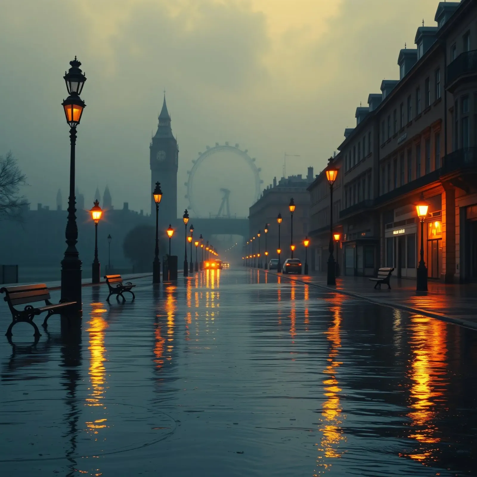 Serata di pioggia lungo la passeggiata sul fiume a Londra pellicola backlit da DesignDoodle