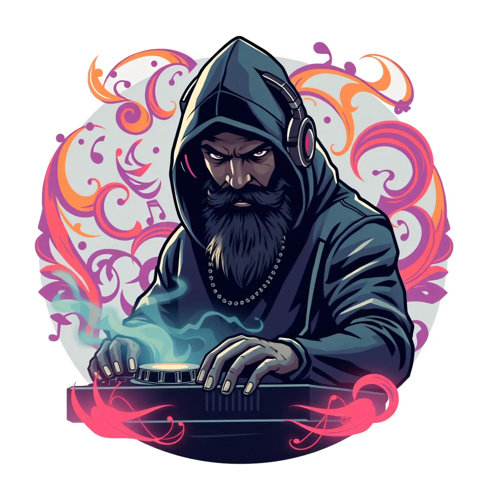 Un DJ in felpa con cappuccio mixa brani circondato da vortici colorati pellicola backlit da DesignDoodle