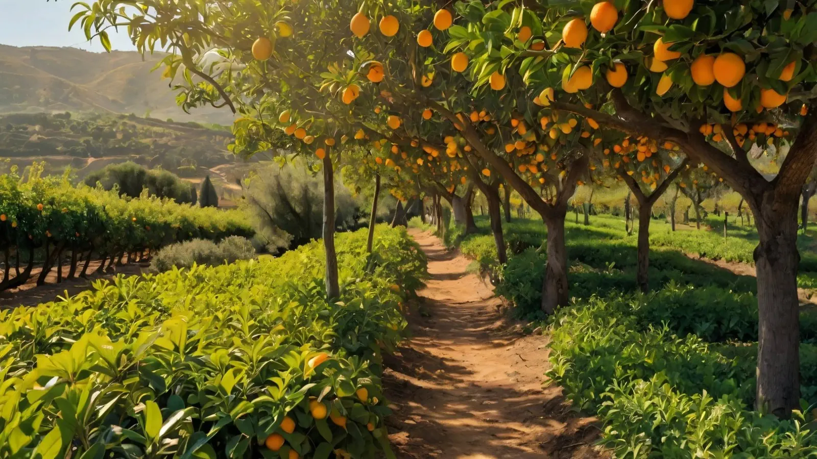 Sunny orange grove pathway surrounded by lush greenery canvas with Floater frame by DesignDoodle