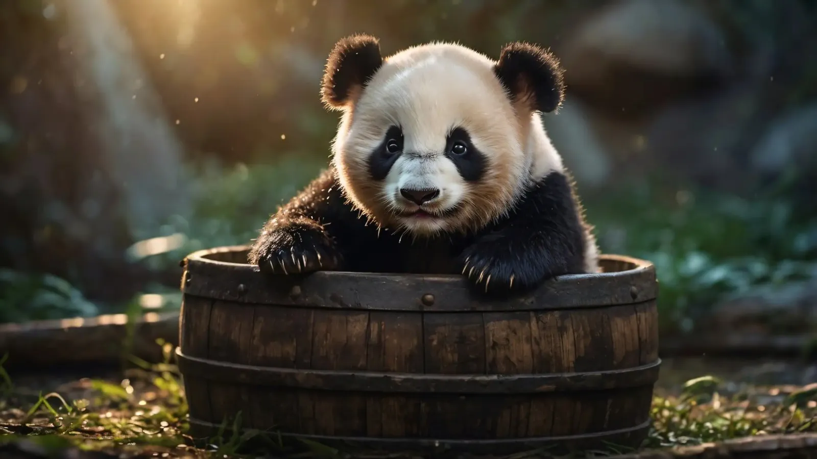 Un cucciolo di panda gioca a esplorare un barile di legno in una stanza illuminata dal sole. poster da DesignDoodle