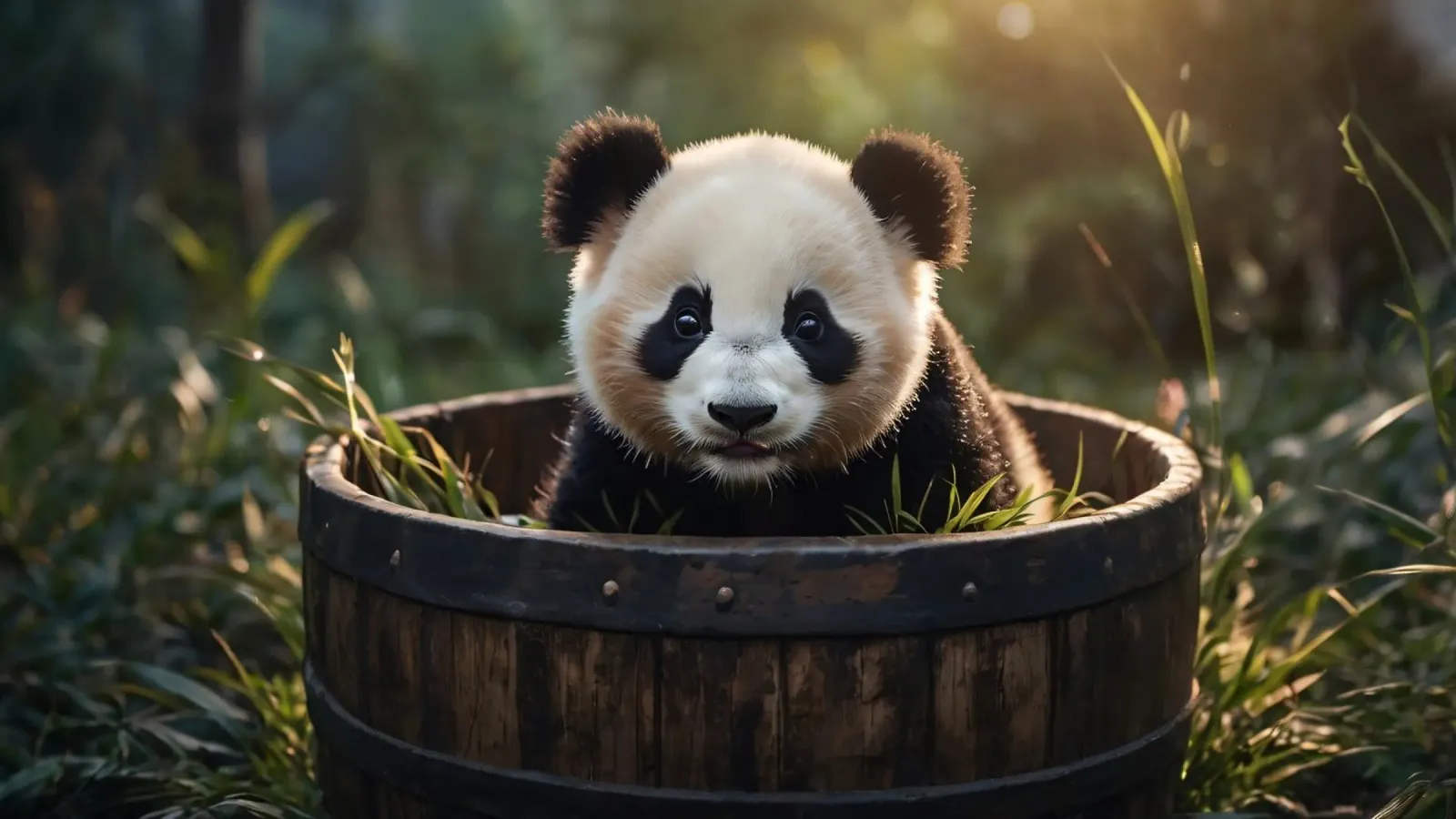 Un cucciolo di panda giocherellone siede in una botte di legno pellicola backlit da DesignDoodle
