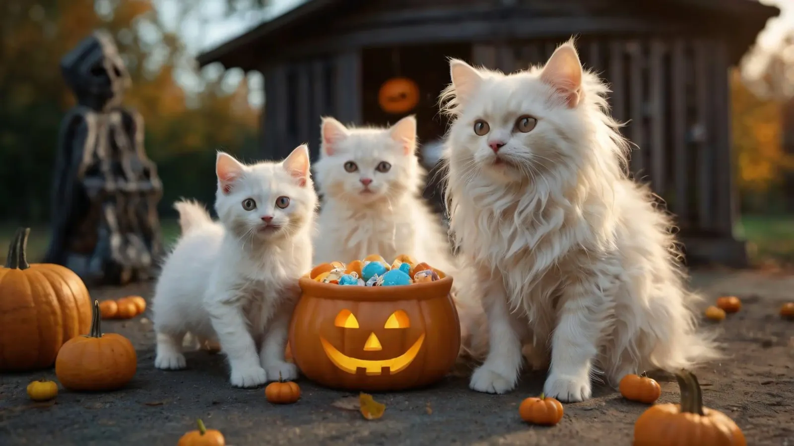 Tre soffici gattini bianchi giocano vicino a una zucca di Halloween pellicola backlit da DesignDoodle