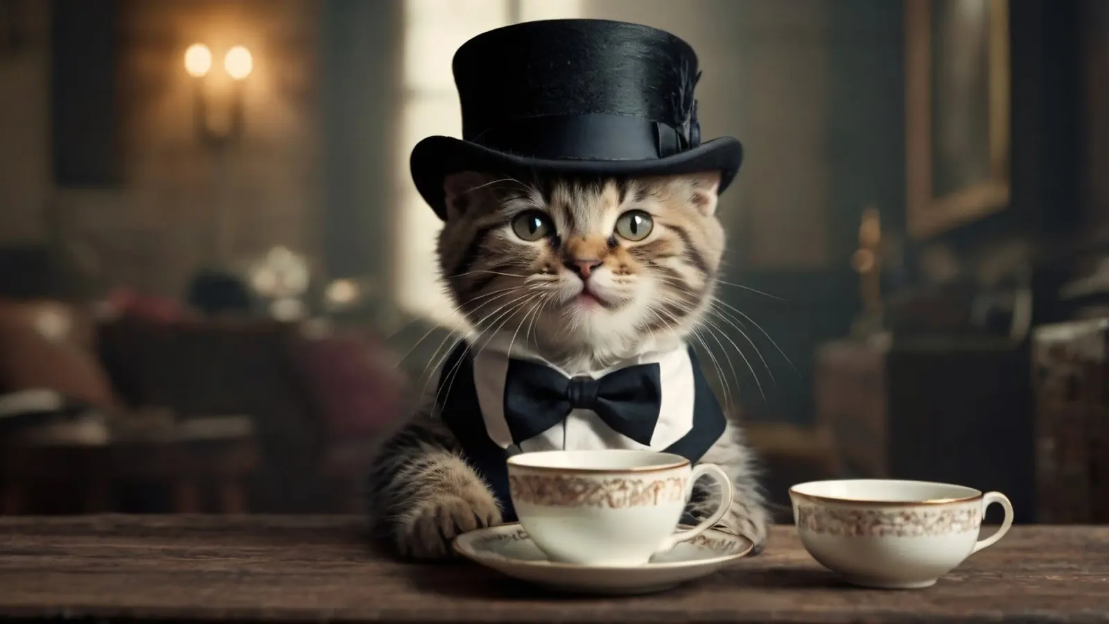 Un gatto vestito con cappello a cilindro e papillon si gode il tè plexiglass da DesignDoodle