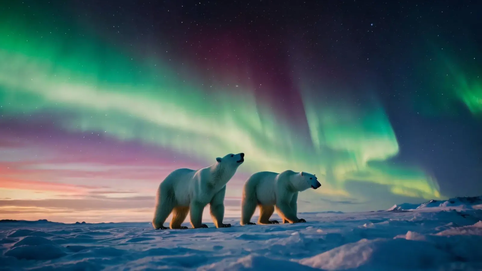 Gli orsi polari camminano sotto la vivida aurora boreale pellicola backlit da DesignDoodle