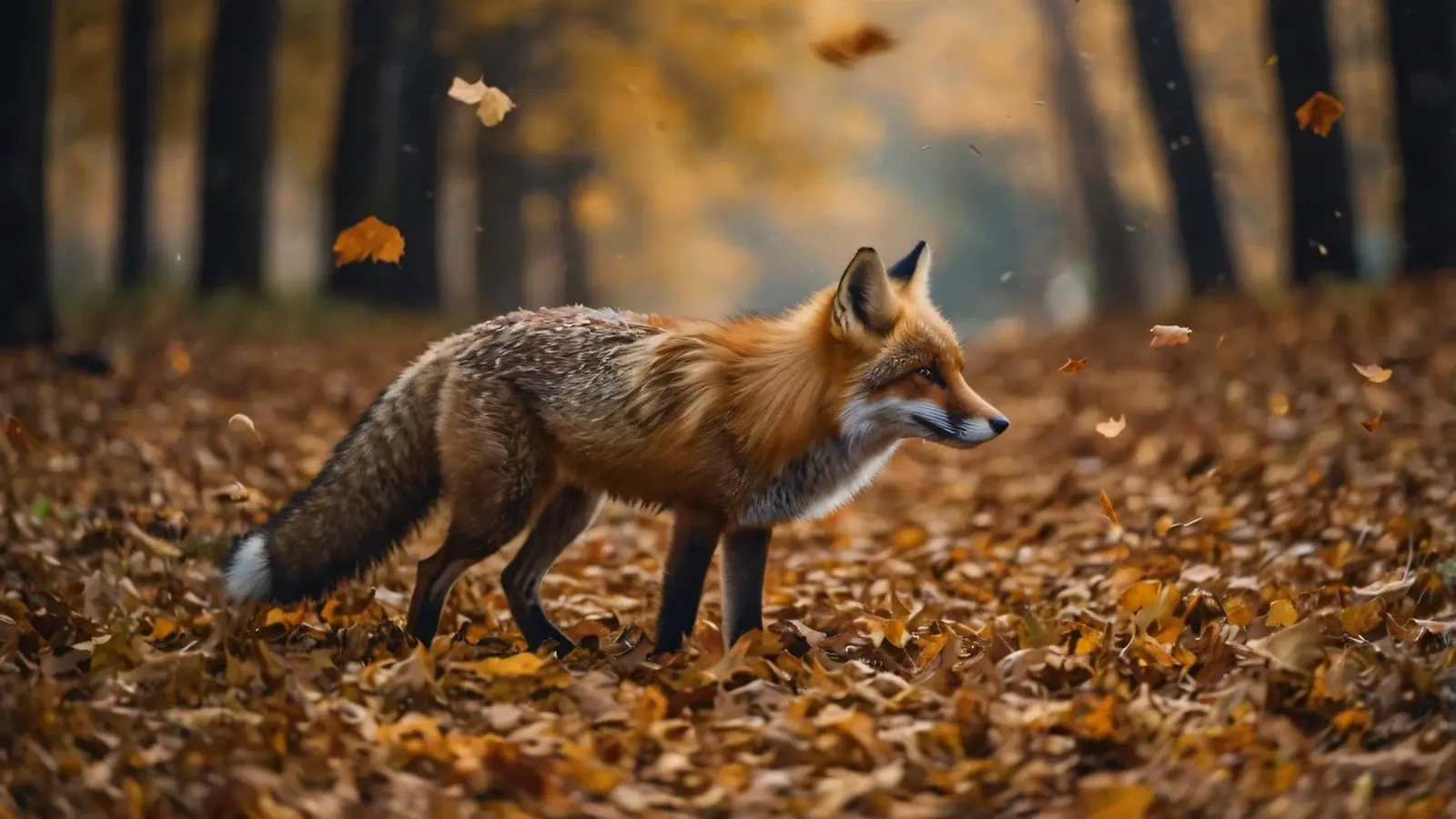 Un zorro camina con gracia entre las hojas otoñales del bosque metacrilato de DesignDoodle