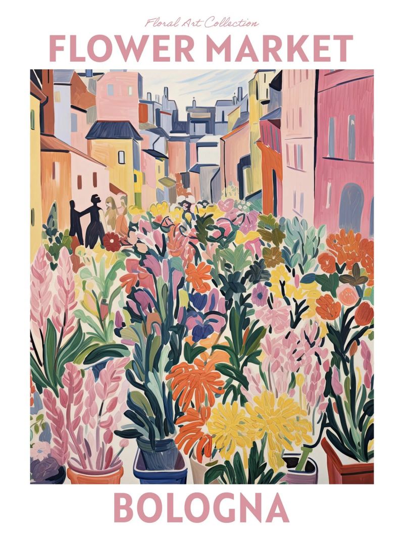 Bloemenmarkt, Bologna, Italië, Reizen botanisch poster van Peaches Art Prints