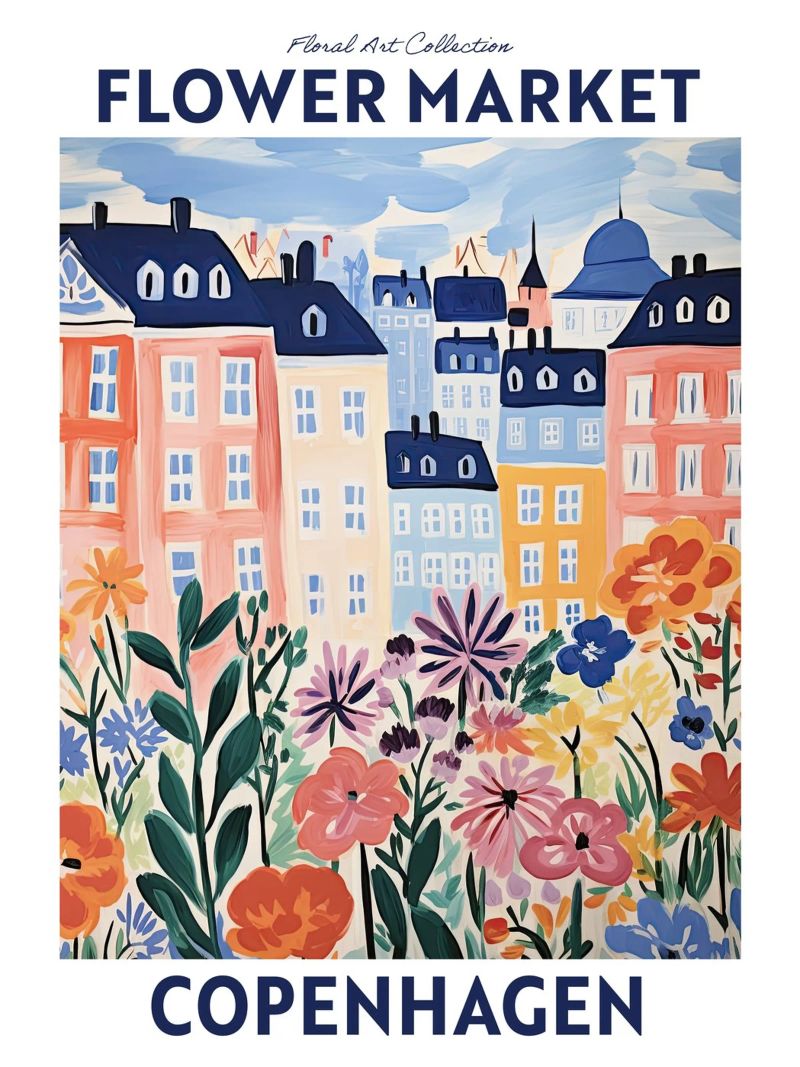 Flower Market, Denmark, Copenhagen - Travel Botanical poster by Peaches Art Prints