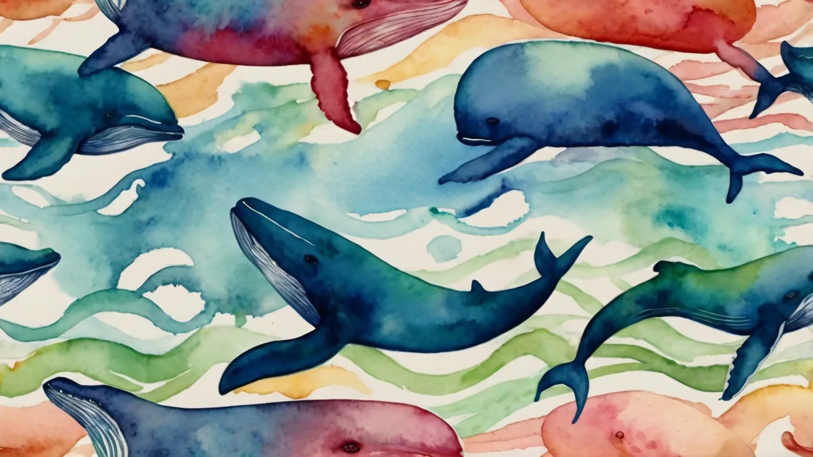 Illustrazione colorata ad acquerello con diverse balene pellicola backlit da DesignDoodle