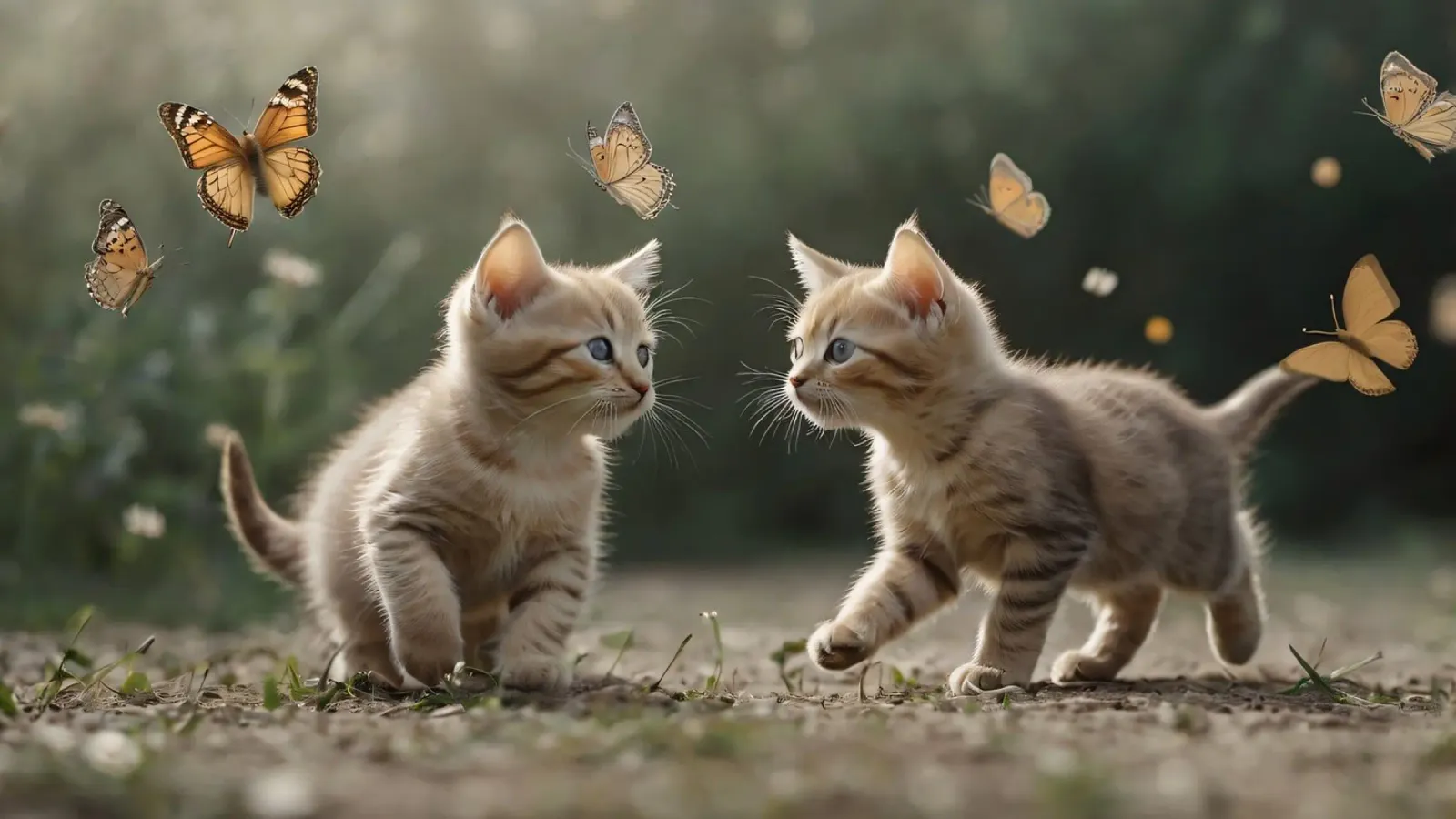 Deux chatons enjoués chassent les papillons dans un jardin ensoleillé. toile de DesignDoodle