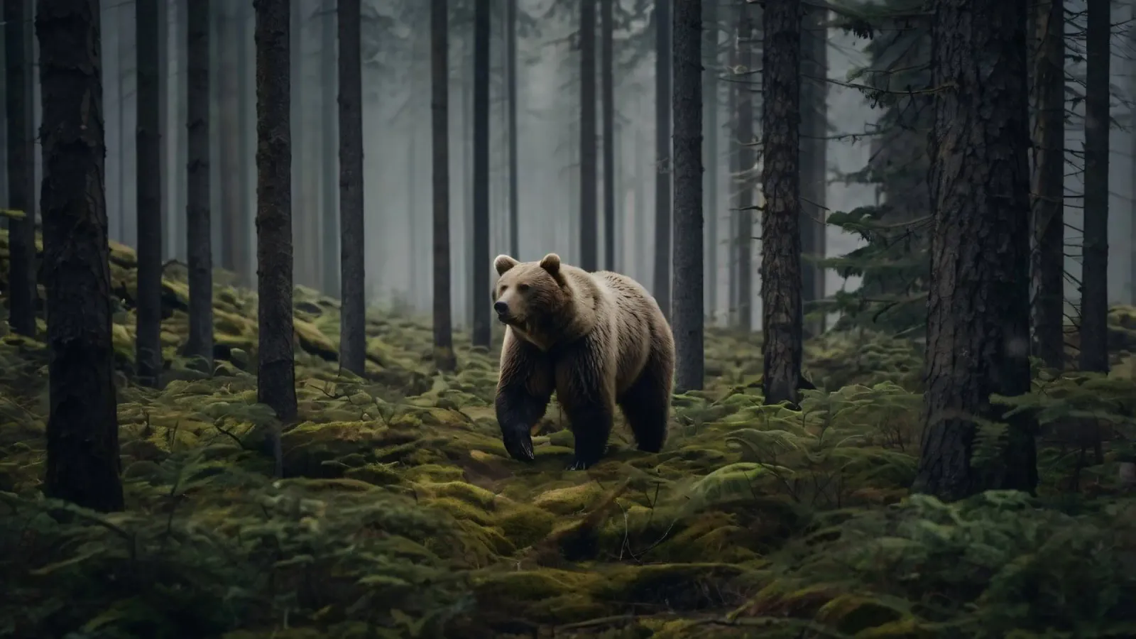 Ours brun majestueux errant dans une forêt brumeuse à l'aube hahnemühle de DesignDoodle