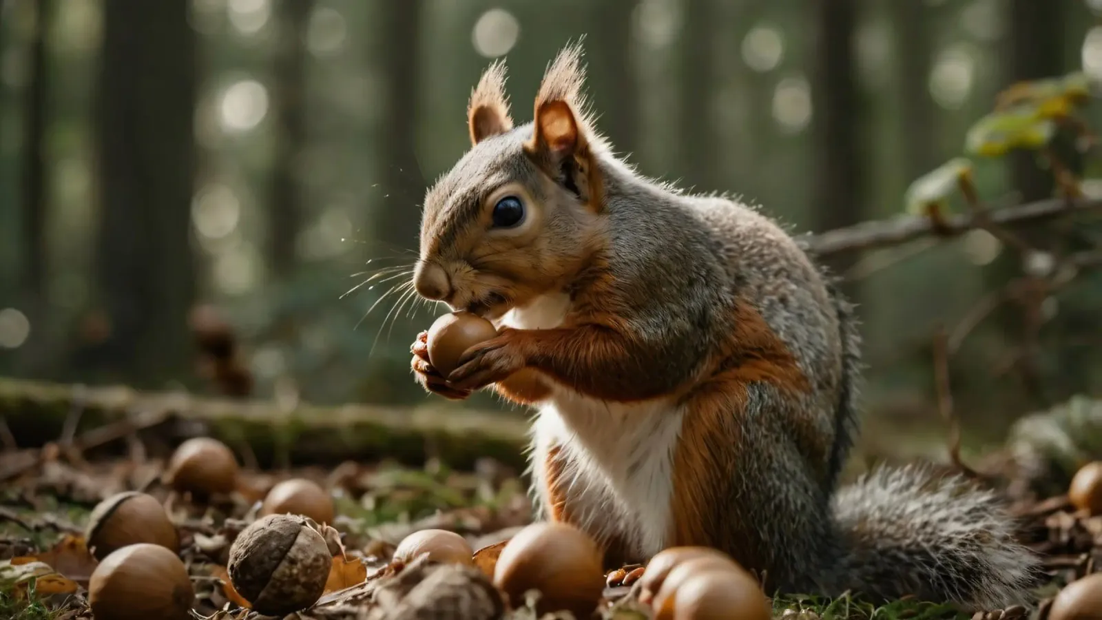 Scoiattolo in cerca di ghiande in una foresta illuminata dal sole durante l'autunno alluminio dibond da DesignDoodle